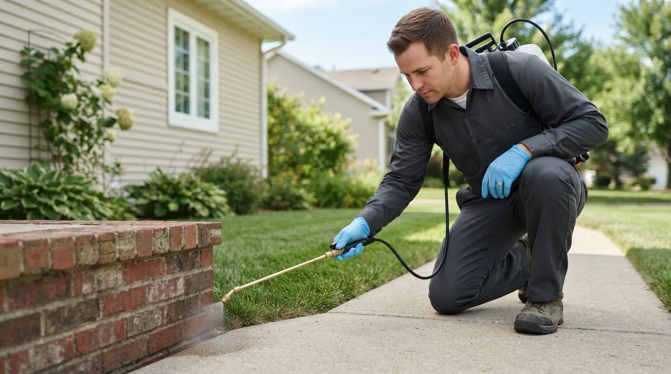 Pest control technician treating a home near Sheboygan Falls, WI