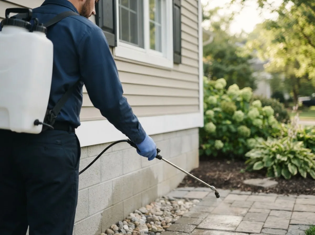 Pest control technician inspecting a home in Sheboygan Falls, WI